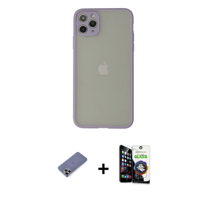 MARSİLYAN™- iPhone 12 Pro Max Kılıf Ahenk Çizgi Serisi - Şeffaf Temperli Cam Ekran Koruyucu + Metal Kamera Lens Koruma Cam - GD