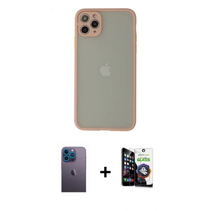 MARSİLYAN™- iPhone 12 Pro Max Kılıf Ahenk Çizgi Serisi - Şeffaf Temperli Cam Ekran Koruyucu + Neon Fosforlu Kamera Lens - MI