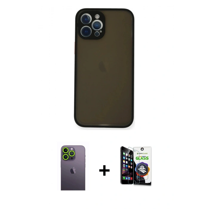MARSİLYAN™- iPhone 12 Pro Max Kılıf Ahenk Çizgi Serisi - Şeffaf Temperli Cam Ekran Koruyucu + Neon Fosforlu Kamera Lens - YL
