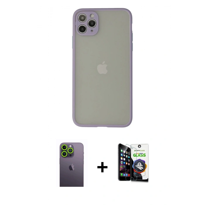 MARSİLYAN™- iPhone 12 Pro Max Kılıf Ahenk Çizgi Serisi - Şeffaf Temperli Cam Ekran Koruyucu + Neon Fosforlu Kamera Lens - YL
