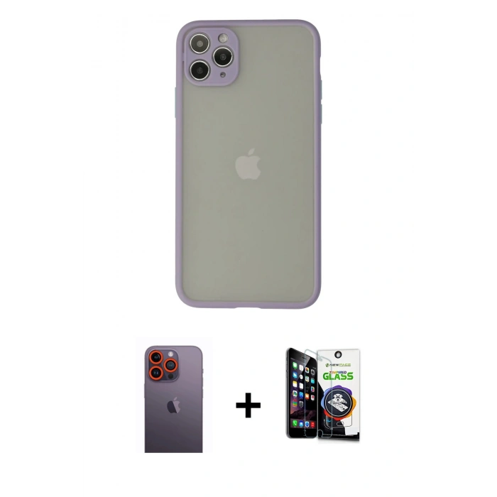 MARSİLYAN™- iPhone 12 Pro Max Kılıf Ahenk Çizgi Serisi - Şeffaf Temperli Cam Ekran Koruyucu + Neon Fosforlu Kamera Lens - TU