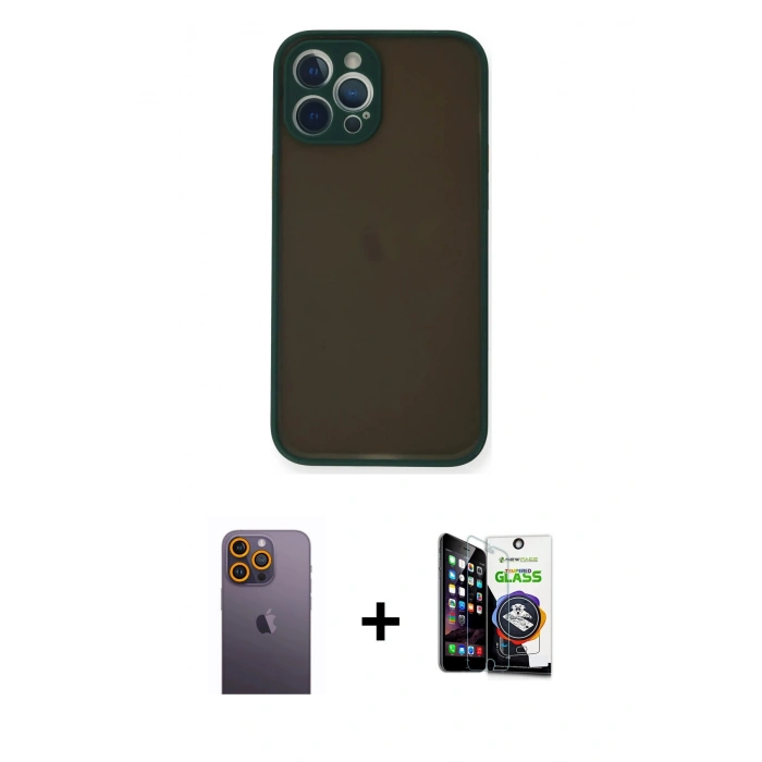 MARSİLYAN™- iPhone 12 Pro Max Kılıf Ahenk Çizgi Serisi - Şeffaf Temperli Cam Ekran Koruyucu + Neon Fosforlu Kamera Lens - SI