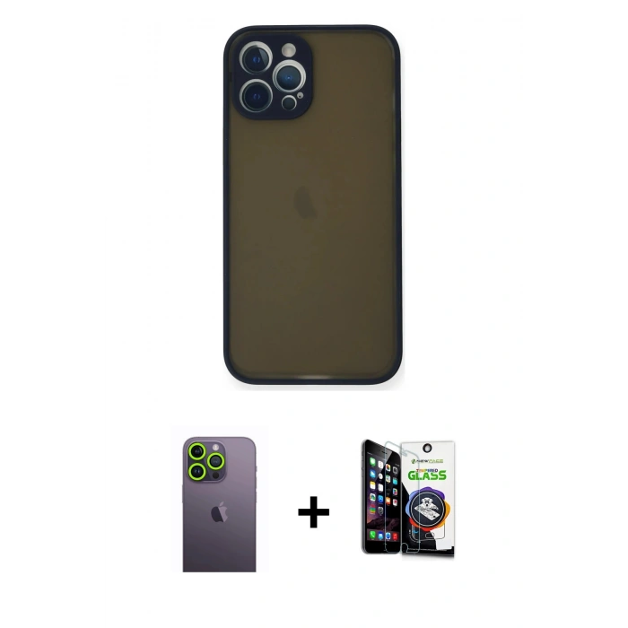 MARSİLYAN™- iPhone 12 Pro Max Kılıf Ahenk Çizgi Serisi - Şeffaf Temperli Cam Ekran Koruyucu + Neon Fosforlu Kamera Lens - YL