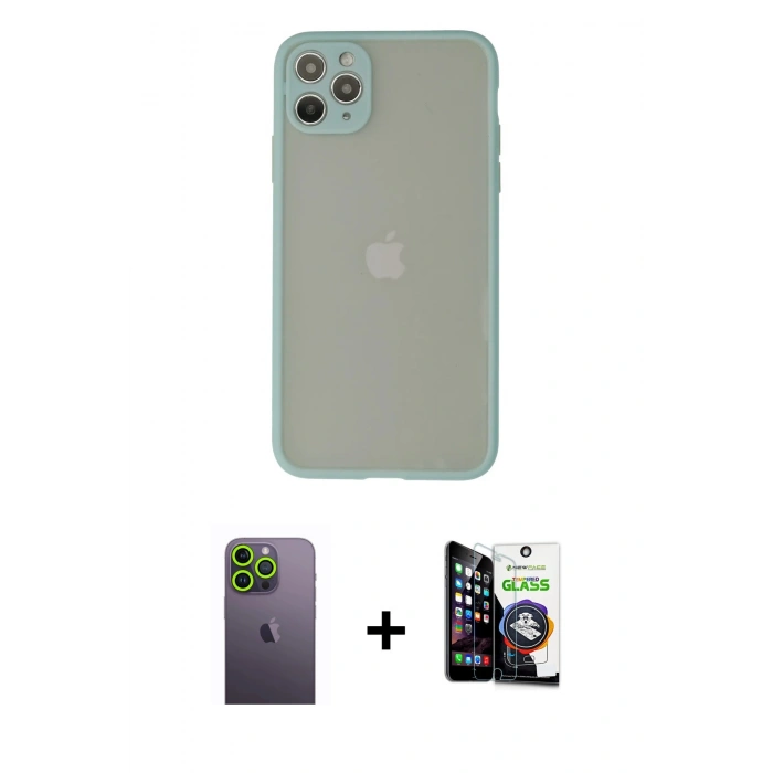 MARSİLYAN™- iPhone 12 Pro Max Kılıf Ahenk Çizgi Serisi - Şeffaf Temperli Cam Ekran Koruyucu + Neon Fosforlu Kamera Lens - YL