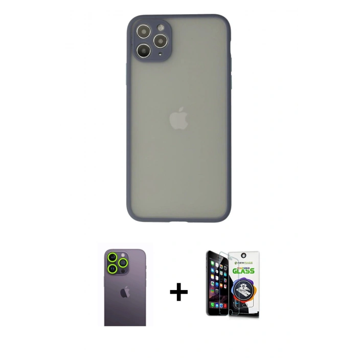 MARSİLYAN™- iPhone 12 Pro Max Kılıf Ahenk Çizgi Serisi - Şeffaf Temperli Cam Ekran Koruyucu + Neon Fosforlu Kamera Lens - YL