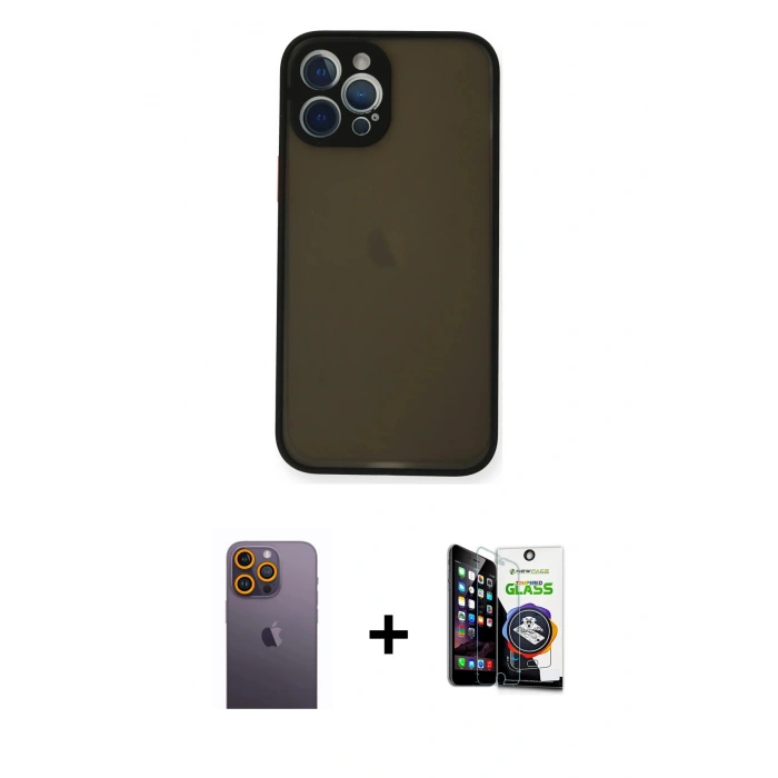 MARSİLYAN™- iPhone 12 Pro Max Kılıf Ahenk Çizgi Serisi - Şeffaf Temperli Cam Ekran Koruyucu + Neon Fosforlu Kamera Lens - SI