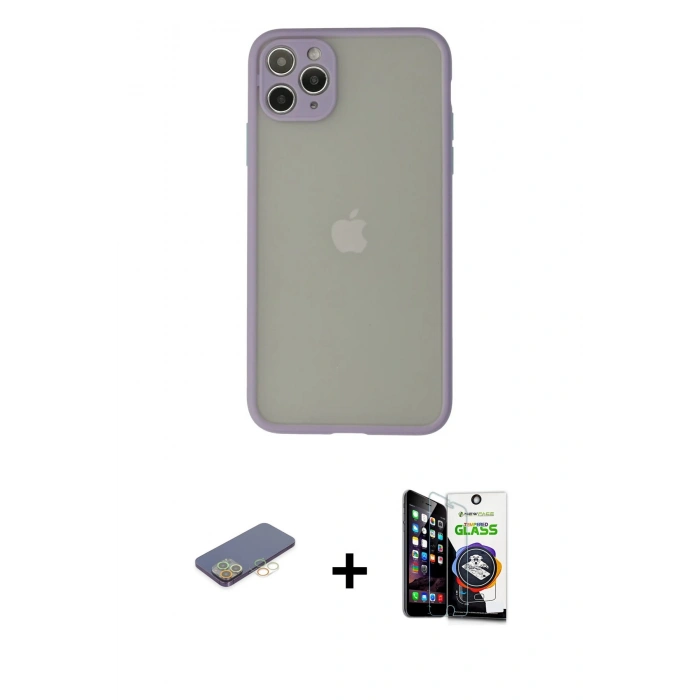 MARSİLYAN™- iPhone 12 Pro Max Kılıf Ahenk Çizgi Serisi - Şeffaf Temperli Cam Ekran Koruyucu + Renkli Kamera Lens Koruma Cam - SI