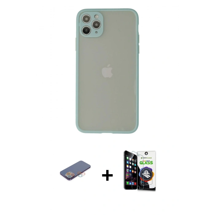 MARSİLYAN™- iPhone 12 Pro Max Kılıf Ahenk Çizgi Serisi - Şeffaf Temperli Cam Ekran Koruyucu + Renkli Kamera Lens Koruma Cam - PE