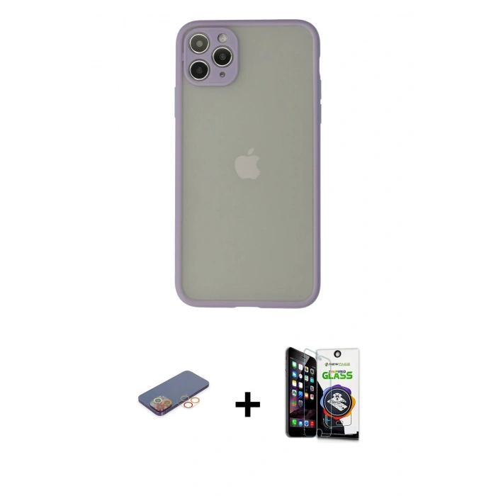 MARSİLYAN™- iPhone 12 Pro Max Kılıf Ahenk Çizgi Serisi - Şeffaf Temperli Cam Ekran Koruyucu + Renkli Kamera Lens Koruma Cam - TU