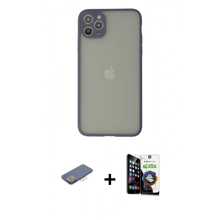 MARSİLYAN™- iPhone 12 Pro Max Kılıf Ahenk Çizgi Serisi - Şeffaf Temperli Cam Ekran Koruyucu + Renkli Kamera Lens Koruma Cam - PE