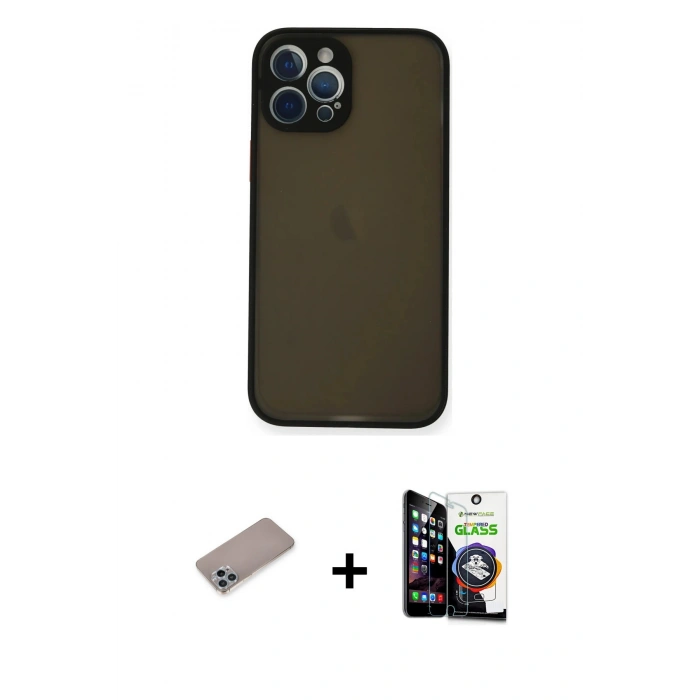 MARSİLYAN™- iPhone 12 Pro Max Kılıf Ahenk Çizgi Serisi - Şeffaf Temperli Cam Ekran Koruyucu + Shine Kamera Lens Koruma Cam - SABE