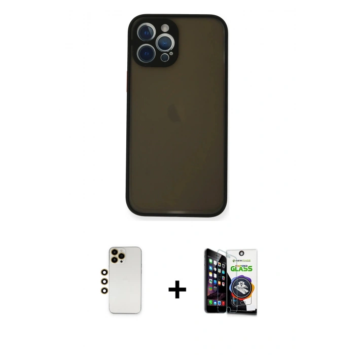 MARSİLYAN™- iPhone 12 Pro Max Kılıf Ahenk Çizgi Serisi - Şeffaf Temperli Cam Ekran Koruyucu + Shine Kamera Lens - GD