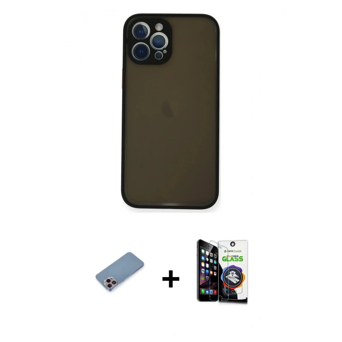 MARSİLYAN™- iPhone 12 Pro Max Kılıf Ahenk Çizgi Serisi - Şeffaf Temperli Cam Ekran Koruyucu + Shine Kamera Lens Koruma Cam - PE