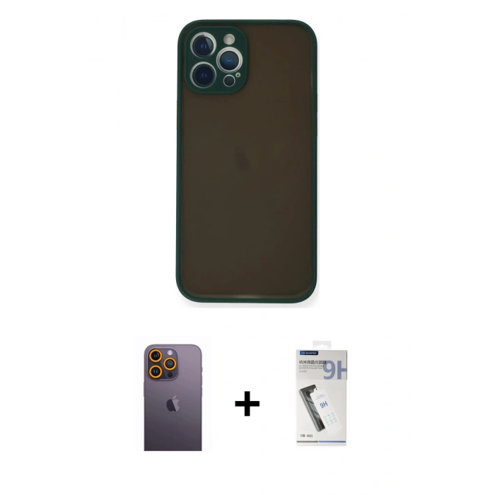 MARSİLYAN™- iPhone 12 Pro Max Kılıf Ahenk Çizgi Serisi - Şeffaf Uv Polymer Nano Ekran Koruyucu + Neon Fosforlu Kamera Lens - SI