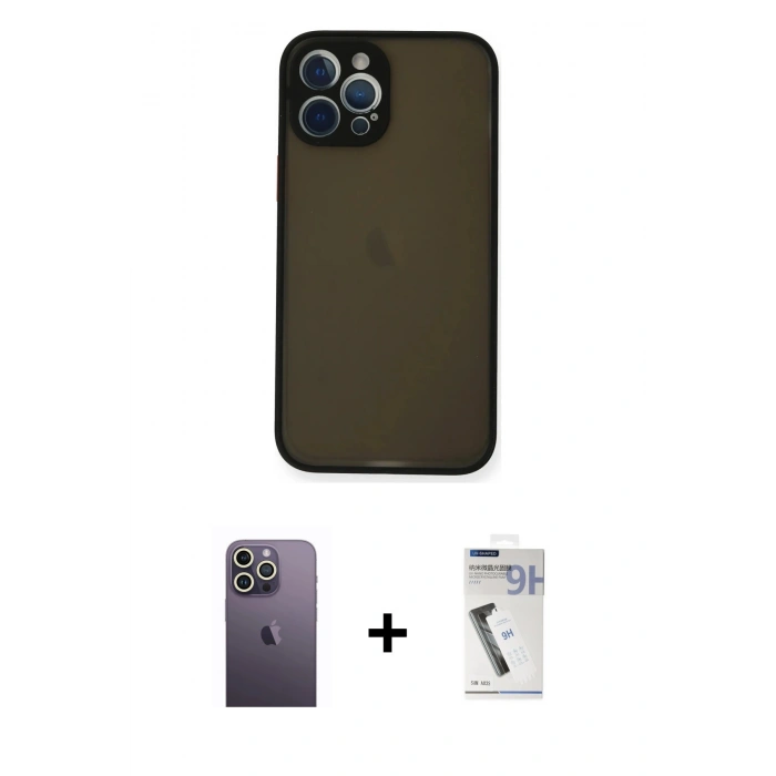 MARSİLYAN™- iPhone 12 Pro Max Kılıf Ahenk Çizgi Serisi - Şeffaf Uv Polymer Nano Ekran Koruyucu + Neon Fosforlu Kamera Lens - BZ