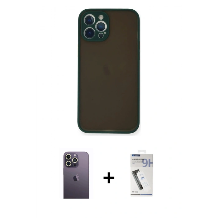 MARSİLYAN™- iPhone 12 Pro Max Kılıf Ahenk Çizgi Serisi - Şeffaf Uv Polymer Nano Ekran Koruyucu + Neon Fosforlu Kamera Lens - BZ