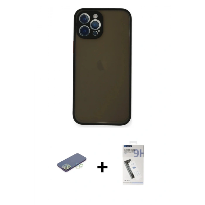 MARSİLYAN™- iPhone 12 Pro Max Kılıf Ahenk Çizgi Serisi - Şeffaf Uv Polymer Nano Ekran Koruyucu + Renkli Kamera Lens Koruma Cam - YL