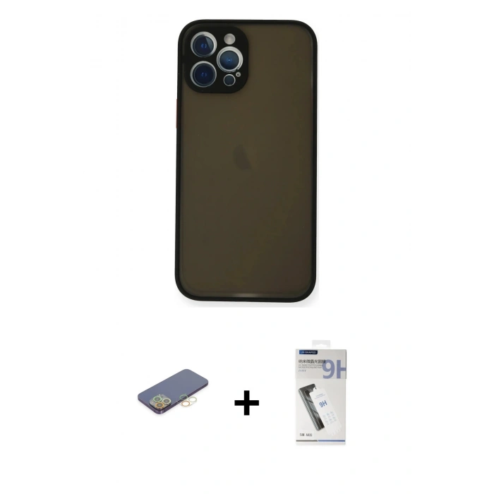 MARSİLYAN™- iPhone 12 Pro Max Kılıf Ahenk Çizgi Serisi - Şeffaf Uv Polymer Nano Ekran Koruyucu + Renkli Kamera Lens Koruma Cam - SI