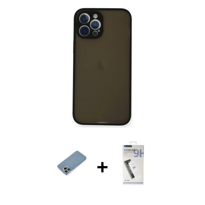 MARSİLYAN™- iPhone 12 Pro Max Kılıf Ahenk Çizgi Serisi - Şeffaf Uv Polymer Nano Ekran Koruyucu + Shine Kamera Lens Koruma Cam - GI