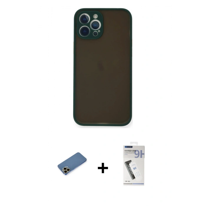 MARSİLYAN™- iPhone 12 Pro Max Kılıf Ahenk Çizgi Serisi - Şeffaf Uv Polymer Nano Ekran Koruyucu + Shine Kamera Lens Koruma Cam - GD