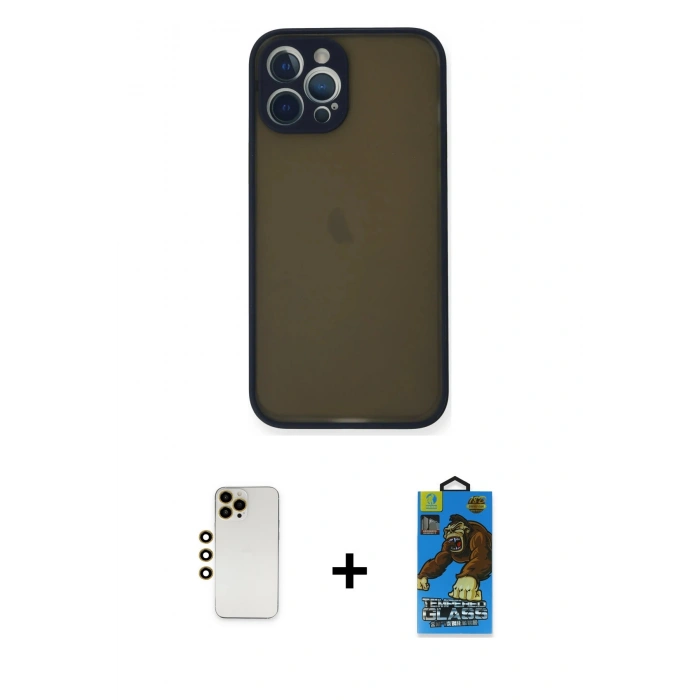 MARSİLYAN™- iPhone 12 Pro Max Kılıf Ahenk Çizgi Serisi - Siyah 18D Cam Ekran Koruyucu + Shine Kamera Lens - GD
