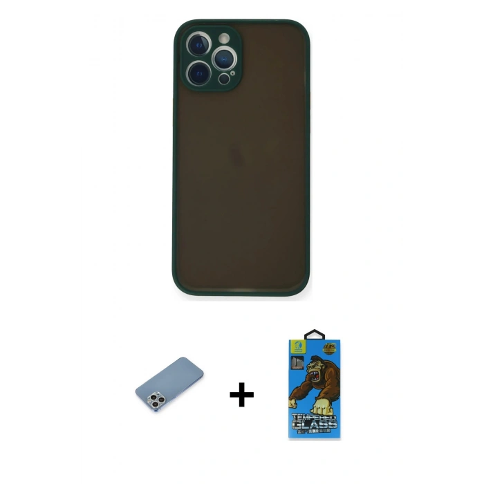 MARSİLYAN™- iPhone 12 Pro Max Kılıf Ahenk Çizgi Serisi - Siyah 18D Cam Ekran Koruyucu + Gümüş Shine Kamera Lens Koruma Cam