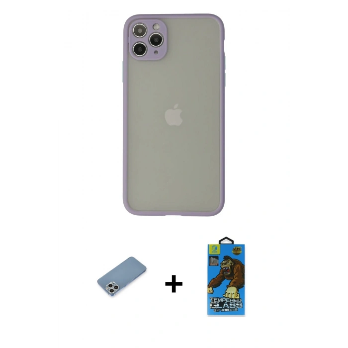 MARSİLYAN™- iPhone 12 Pro Max Kılıf Ahenk Çizgi Serisi - Siyah 18D Cam Ekran Koruyucu + Gümüş Shine Kamera Lens Koruma Cam
