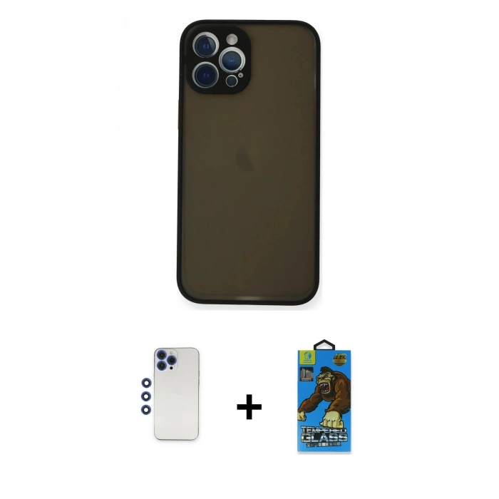MARSİLYAN™- iPhone 12 Pro Max Kılıf Ahenk Çizgi Serisi - Siyah 18D Cam Ekran Koruyucu + Shine Kamera Lens - LT