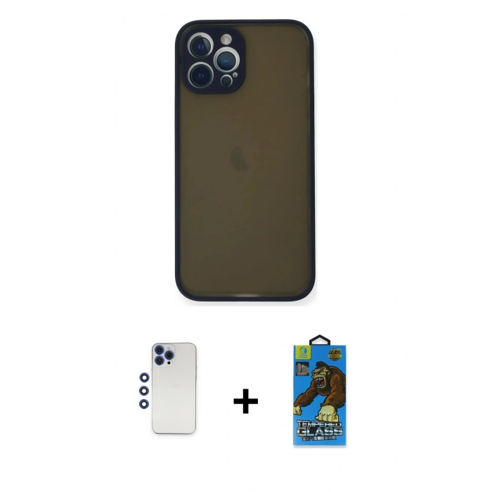 MARSİLYAN™- iPhone 12 Pro Max Kılıf Ahenk Çizgi Serisi - Siyah 18D Cam Ekran Koruyucu + Shine Kamera Lens - LT