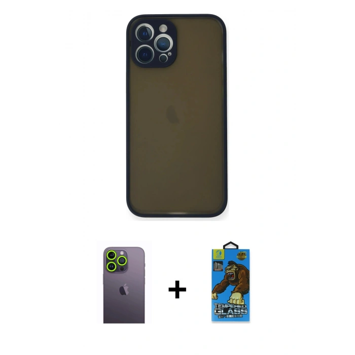 MARSİLYAN™- iPhone 12 Pro Max Kılıf Ahenk Çizgi Serisi - Siyah 18D Cam Ekran Koruyucu + Neon Fosforlu Kamera Lens - YL