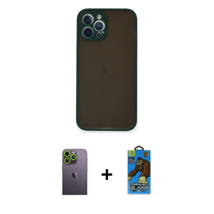 MARSİLYAN™- iPhone 12 Pro Max Kılıf Ahenk Çizgi Serisi - Siyah 18D Cam Ekran Koruyucu + Neon Fosforlu Kamera Lens - YL