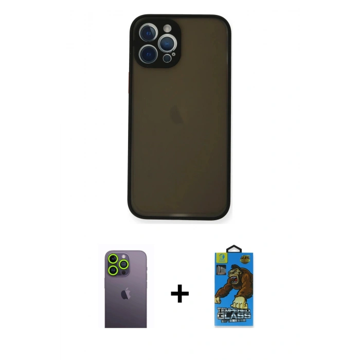 MARSİLYAN™- iPhone 12 Pro Max Kılıf Ahenk Çizgi Serisi - Siyah 18D Cam Ekran Koruyucu + Neon Fosforlu Kamera Lens - YL