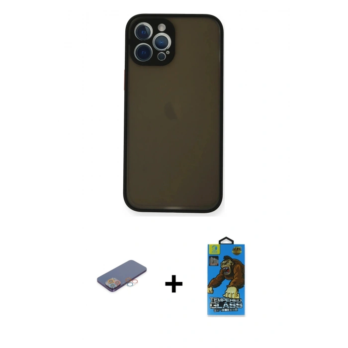 MARSİLYAN™- iPhone 12 Pro Max Kılıf Ahenk Çizgi Serisi - Siyah 18D Cam Ekran Koruyucu + Renkli Kamera Lens Koruma Cam - PE