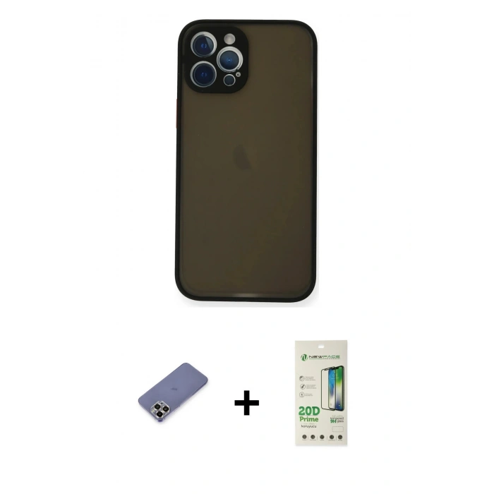 MARSİLYAN™- iPhone 12 Pro Max Kılıf Ahenk Çizgi Serisi - Siyah 20D Premium Cam Ekran Koruyucu + Metal Kamera Lens Koruma Cam - GD