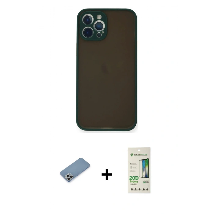 MARSİLYAN™- iPhone 12 Pro Max Kılıf Ahenk Çizgi Serisi - Siyah 20D Premium Cam Ekran Koruyucu + Shine Kamera Lens Koruma Cam - GS