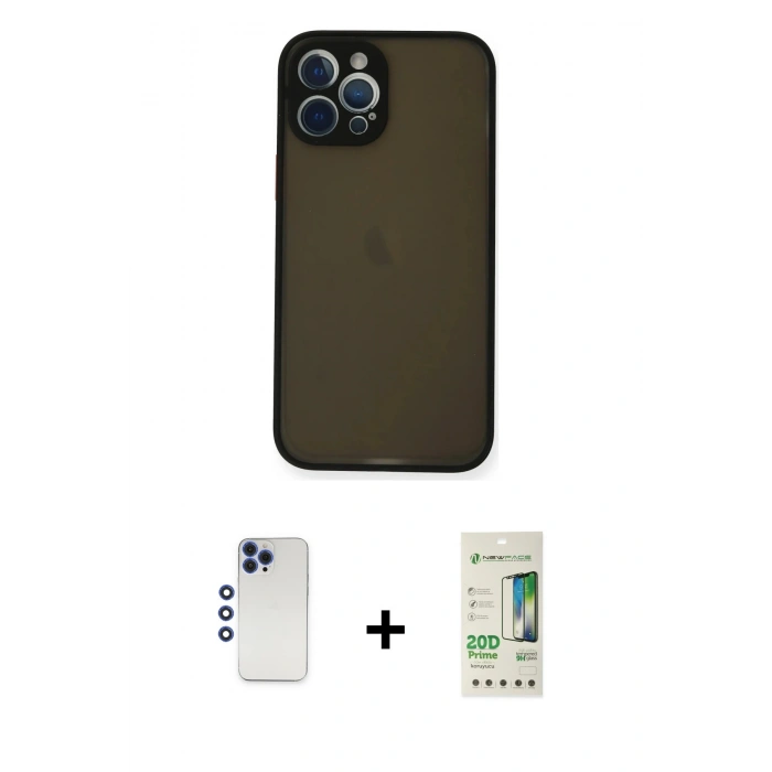 MARSİLYAN™- iPhone 12 Pro Max Kılıf Ahenk Çizgi Serisi - Siyah 20D Premium Cam Ekran Koruyucu + Lacivert Shine Kamera Lens