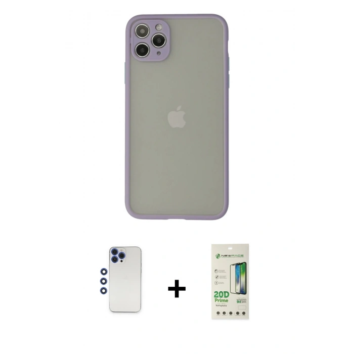 MARSİLYAN™- iPhone 12 Pro Max Kılıf Ahenk Çizgi Serisi - Siyah 20D Premium Cam Ekran Koruyucu + Lacivert Shine Kamera Lens