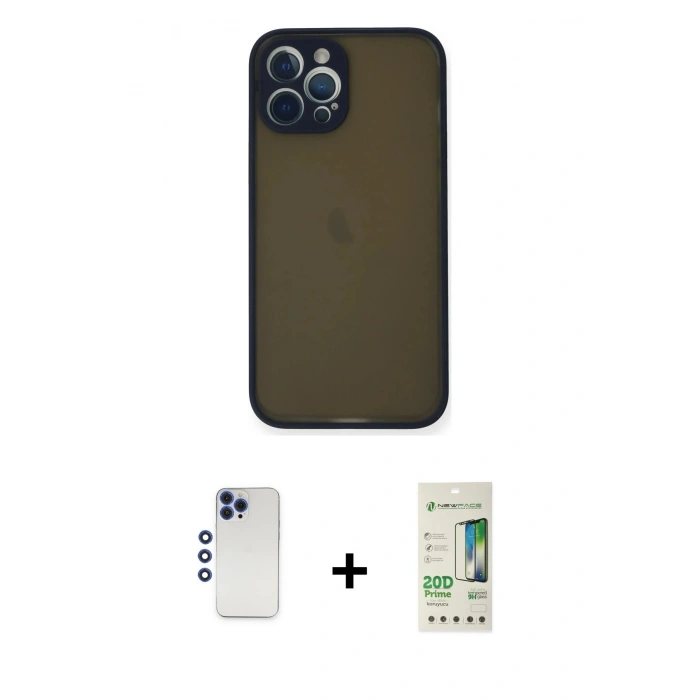 MARSİLYAN™- iPhone 12 Pro Max Kılıf Ahenk Çizgi Serisi - Siyah 20D Premium Cam Ekran Koruyucu + Lacivert Shine Kamera Lens