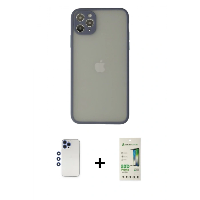 MARSİLYAN™- iPhone 12 Pro Max Kılıf Ahenk Çizgi Serisi - Siyah 20D Premium Cam Ekran Koruyucu + Lacivert Shine Kamera Lens