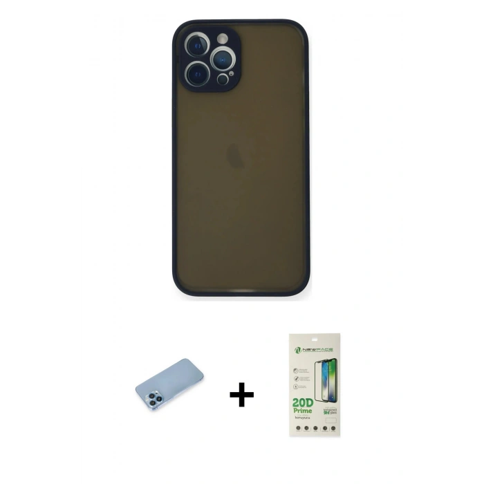 MARSİLYAN™- iPhone 12 Pro Max Kılıf Ahenk Çizgi Serisi - Siyah 20D Premium Cam Ekran Koruyucu + Shine Kamera Lens Koruma Cam - MI