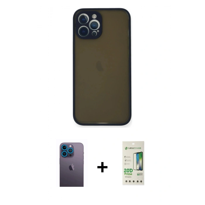 MARSİLYAN™- iPhone 12 Pro Max Kılıf Ahenk Çizgi Serisi - Siyah 20D Premium Cam Ekran Koruyucu + Neon Fosforlu Kamera Lens - MI
