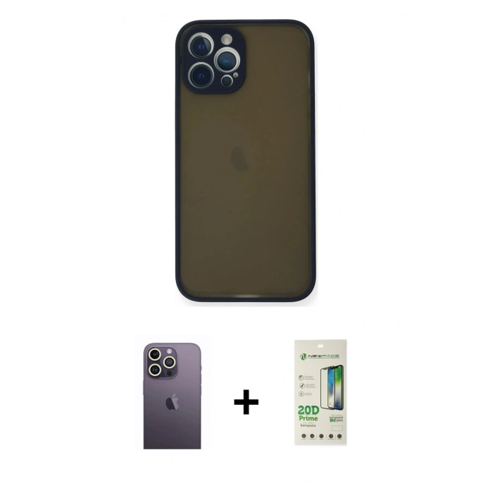 MARSİLYAN™- iPhone 12 Pro Max Kılıf Ahenk Çizgi Serisi - Siyah 20D Premium Cam Ekran Koruyucu + Neon Fosforlu Kamera Lens - BZ