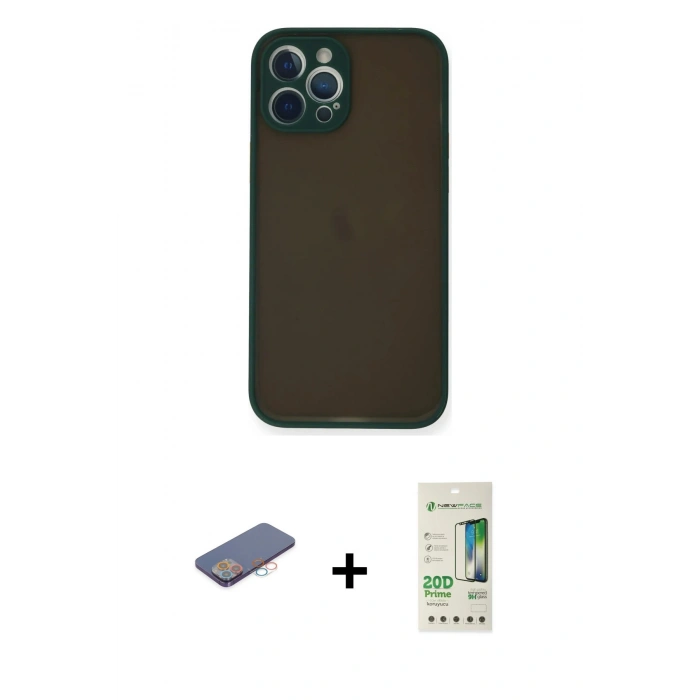 MARSİLYAN™- iPhone 12 Pro Max Kılıf Ahenk Çizgi Serisi - Siyah 20D Premium Cam Ekran Koruyucu + Pembe Renkli Kamera Lens Koruma Cam