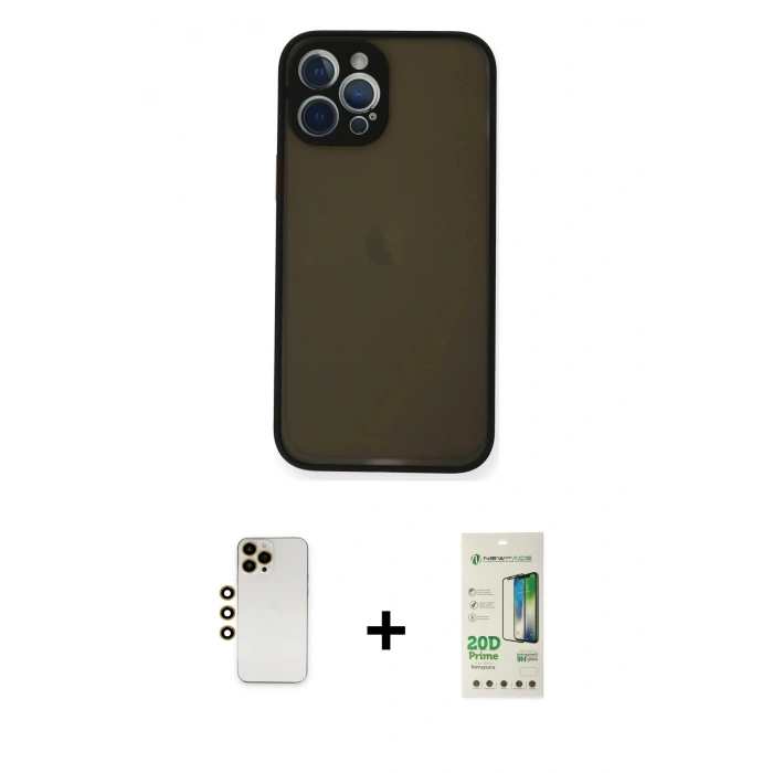 MARSİLYAN™- iPhone 12 Pro Max Kılıf Ahenk Çizgi Serisi - Siyah 20D Premium Cam Ekran Koruyucu + Shine Kamera Lens - GD