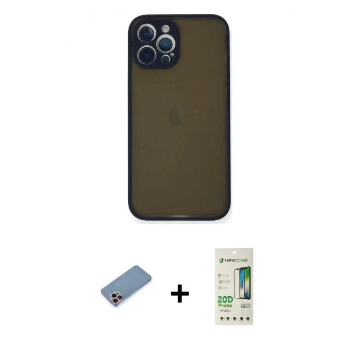 MARSİLYAN™- iPhone 12 Pro Max Kılıf Ahenk Çizgi Serisi - Siyah 20D Premium Cam Ekran Koruyucu + Shine Kamera Lens Koruma Cam - PE