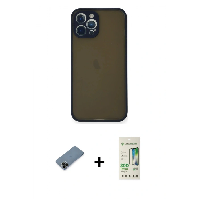 MARSİLYAN™- iPhone 12 Pro Max Kılıf Ahenk Çizgi Serisi - Siyah 20D Premium Cam Ekran Koruyucu + Shine Kamera Lens Koruma Cam - SH
