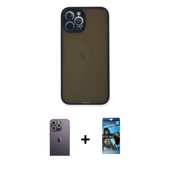 MARSİLYAN™- iPhone 12 Pro Max Kılıf Ahenk Çizgi Serisi - Siyah 34D Izgaralı Cam + Neon Fosforlu Kamera Lens - BZ