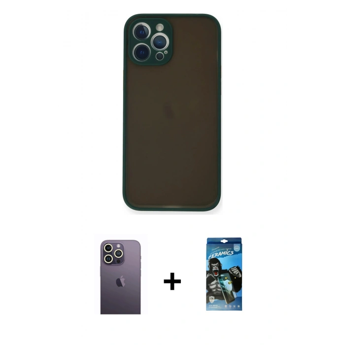 MARSİLYAN™- iPhone 12 Pro Max Kılıf Ahenk Çizgi Serisi - Siyah 34D Izgaralı Cam + Neon Fosforlu Kamera Lens - BZ