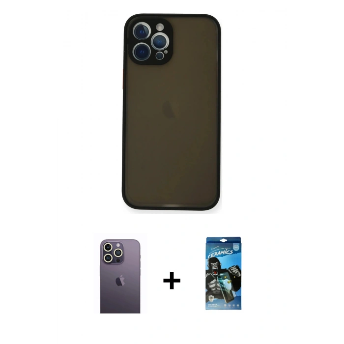 MARSİLYAN™- iPhone 12 Pro Max Kılıf Ahenk Çizgi Serisi - Siyah 34D Izgaralı Cam + Neon Fosforlu Kamera Lens - BZ