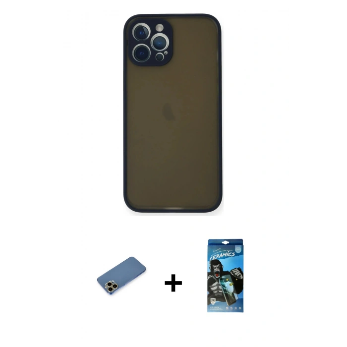 MARSİLYAN™- iPhone 12 Pro Max Kılıf Ahenk Çizgi Serisi - Siyah 34D Izgaralı Cam + Shine Kamera Lens Koruma Cam - GD